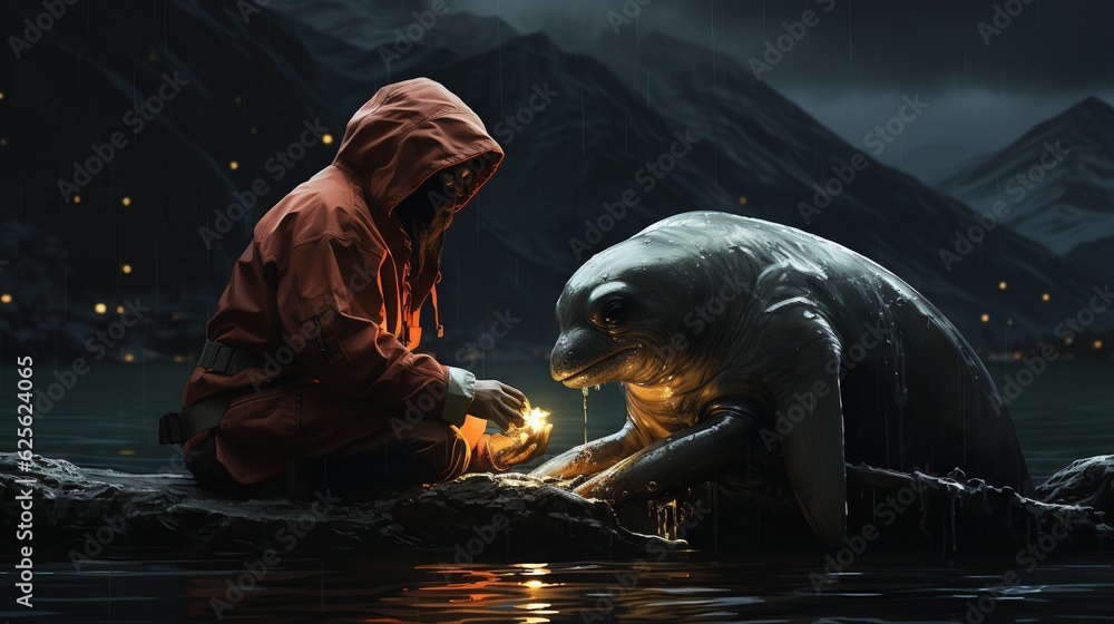Poster a person in a red jacket lighting a lantern next to a seal. generative ai
