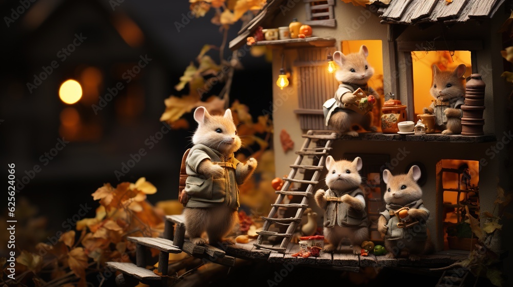 Poster a group of mice that are standing in front of a house. generative ai