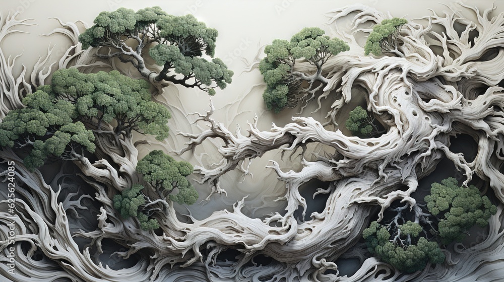 Poster a painting of a forest with trees and bushes in the foreground. generative ai