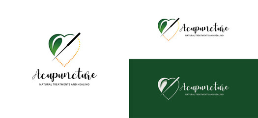 Green love acupuncture logo design, natural acupuncture treatment and healing logo - obrazy, fototapety, plakaty