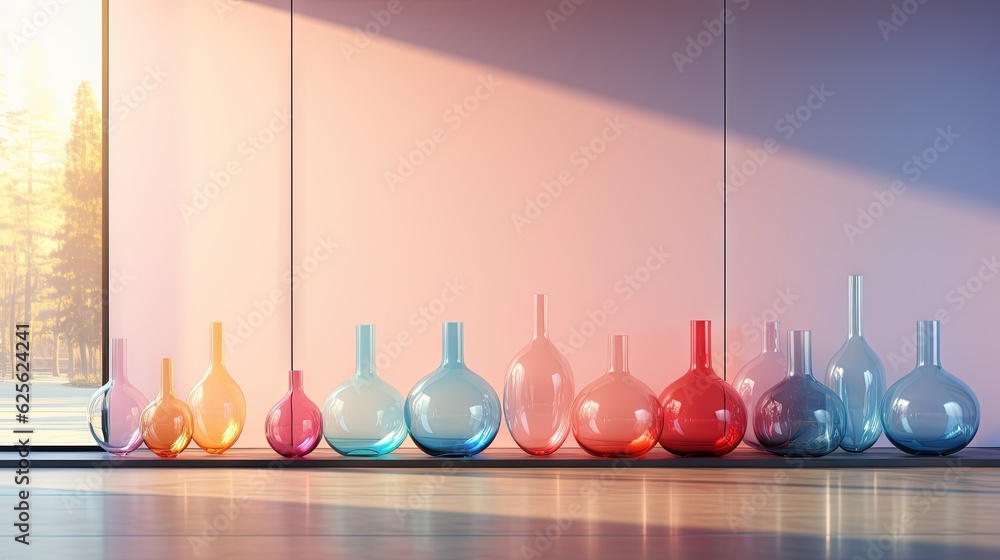 Poster a row of colorful vases sitting next to a window. generative ai