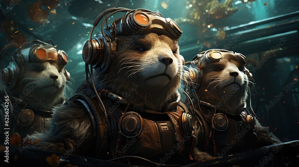 Aufkleber a group of otters in a space station in a futuristic environment. generative ai