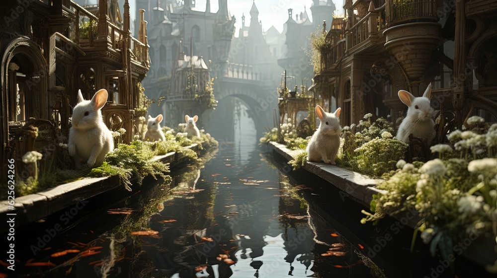 Poster a group of rabbits sitting on a ledge next to a river. generative ai