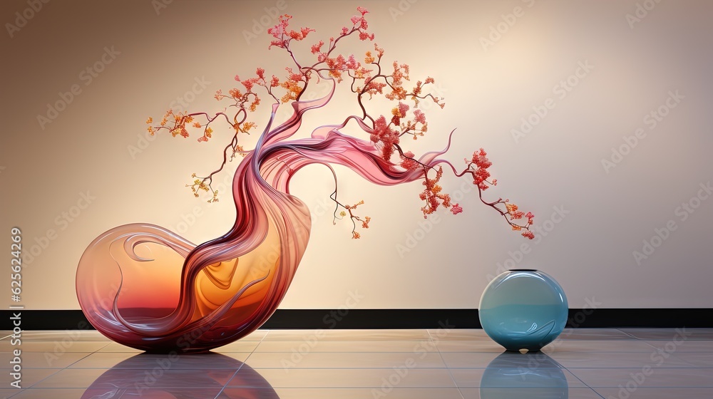 Poster a vase with a tree inside of it next to a ball. generative ai