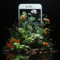 A phone with the bouquet of flowers.
