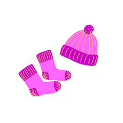 Knitted hat and socks set. Cozy autumn or winter concept. Hand drawn colored Vector illustration. 