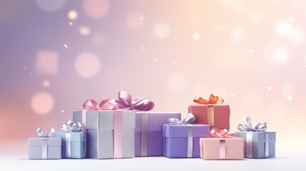 Festive background with gift boxes with place for text. Celebration mock-up with wrapped presents