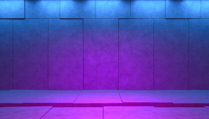 Colorful neon lights on concrete slabs, empty background scene