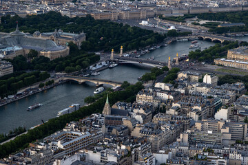 view of Seine river in paris towards northeast from the Eifel tower, pont neuf and other bridges
