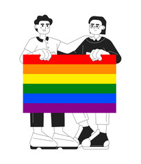 Lgbt community monochromatic flat vector characters. Editable thin line full body of people hold lgbtq rainbow pride flag on white. Simple bw cartoon spot image for web graphic design