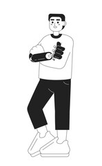 Happy young man crossed arms and bionic hand monochromatic flat vector character. Editable thin line full body person with disability on white. Simple bw cartoon spot image for web graphic design