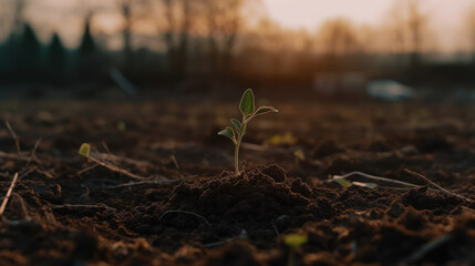 Fototapeta premium Little green sprout appearing from the ground. Awakening of the nature in spring. Sunset at backdrop