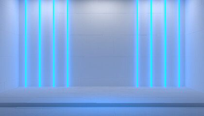 White background stage with blue vertical luminous neon lights and podium, 3d illustration