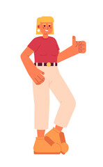 Attractive blonde woman show thumb up semi flat color vector character. Editable full body woman in trendy outfit on white. Simple cartoon spot illustration for web graphic design