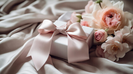 Obraz premium Happy holidays, luxe shopping and love gifts concept. Luxury holiday silk gift box and bouquet of flowers on textured background, romantic surprise as birthday or Valentines Day present. Ai generated.