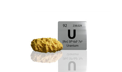 Uranium element on a metal periodic table with yellowish grey metamictic Uranium on white background. 3D rendered icon and illustration.