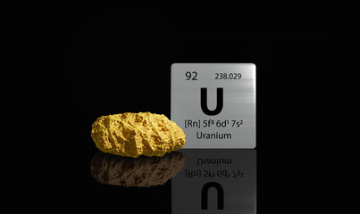 Uranium element on a metal periodic table with yellowish grey metamictic Uranium on dark background. 3D rendered icon and illustration. © OleCNX