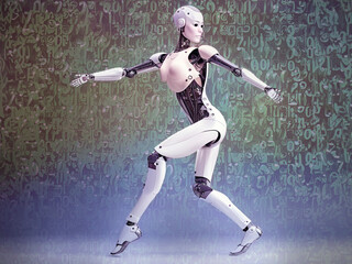 Fototapeta na wymiar Woman robot dancing on a digital green background