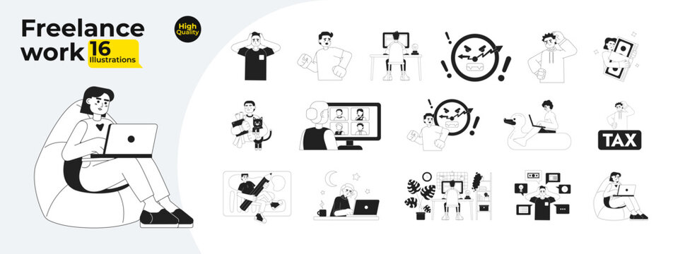 Freelance work monochrome concept vector spot illustrations bundle. Hardworking and frustrated 2D flat bw cartoon characters for web UI design. Isolated editable hand drawn hero image collection