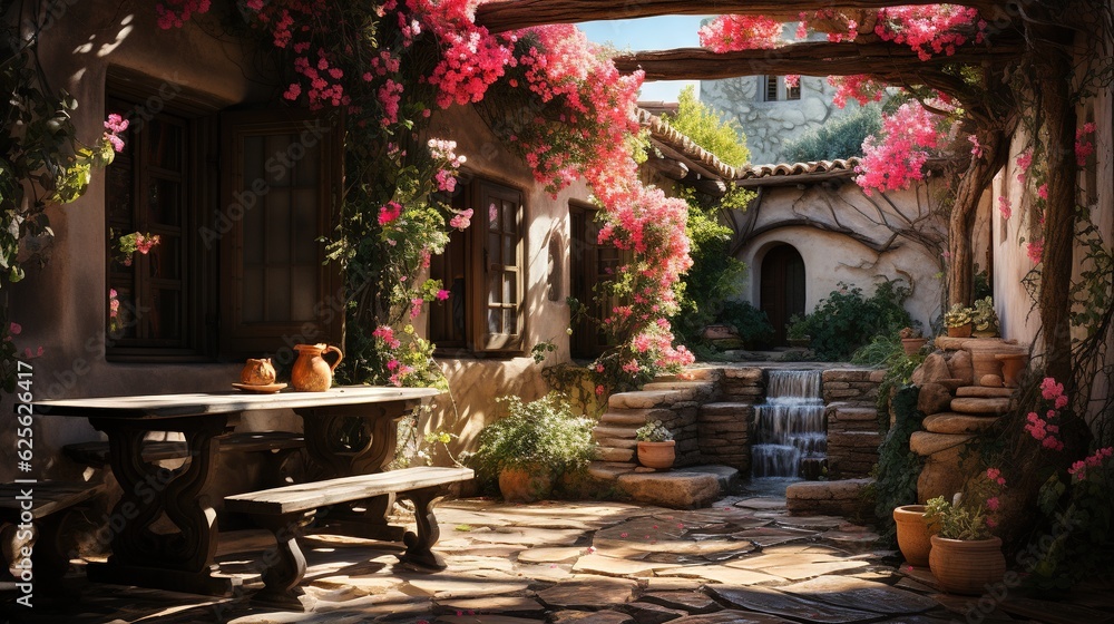 Poster a patio with a table and a waterfall in the background. generative ai