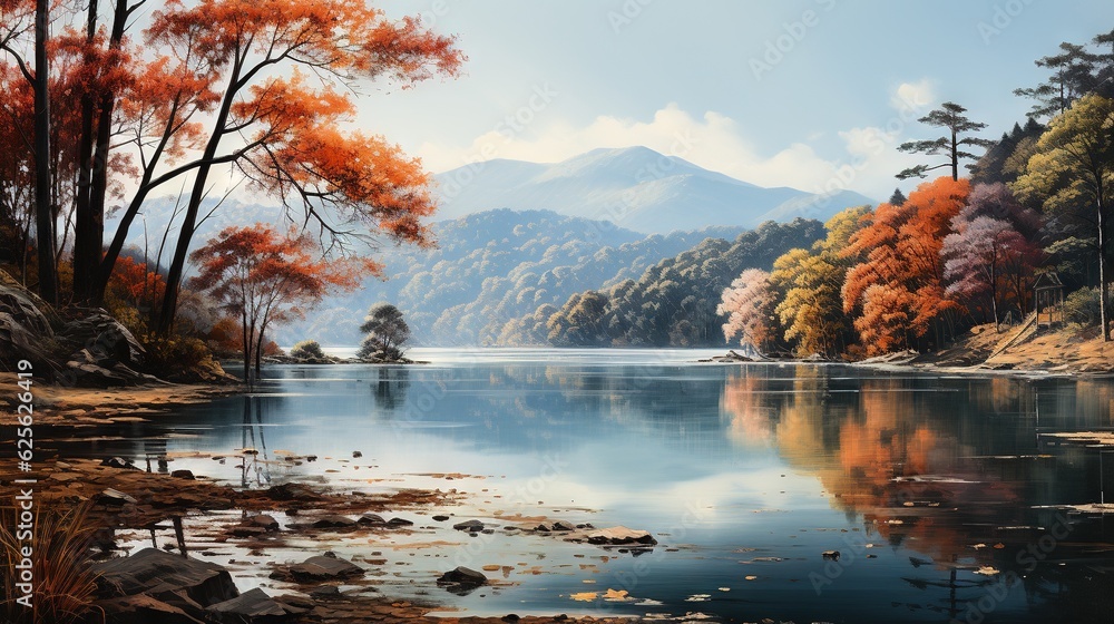 Poster a painting of a lake surrounded by trees with a mountain in the background. generative ai