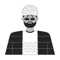 Sad man with wrapped head flat line black white vector character. Editable outline half body of traumed man on white. Healthcare simple cartoon isolated spot illustration for web graphic design