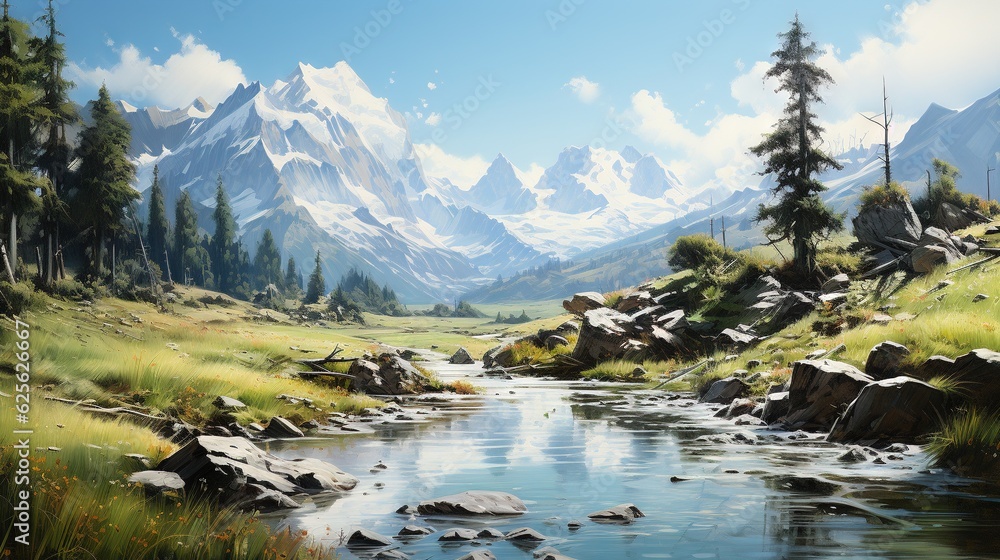 Poster a painting of a mountain stream in a grassy field with rocks and grass. generative ai