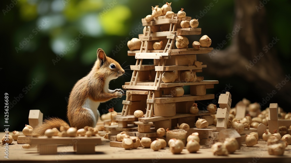 Poster a squirrel standing next to a pile of wooden blocks and nuts. generative ai