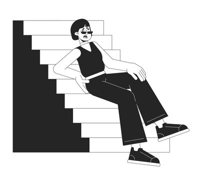 recommend clip art: Unhappy woman falls from stairs flat line black white vector character. Editable outline full body girl touch back injury on white. Simple cartoon isolated spot illustration for web graphic design