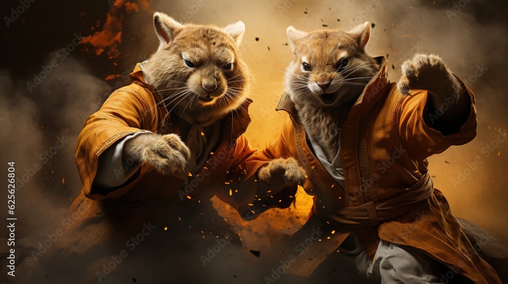 Poster a couple of cats standing next to each other in front of a fire. generative ai
