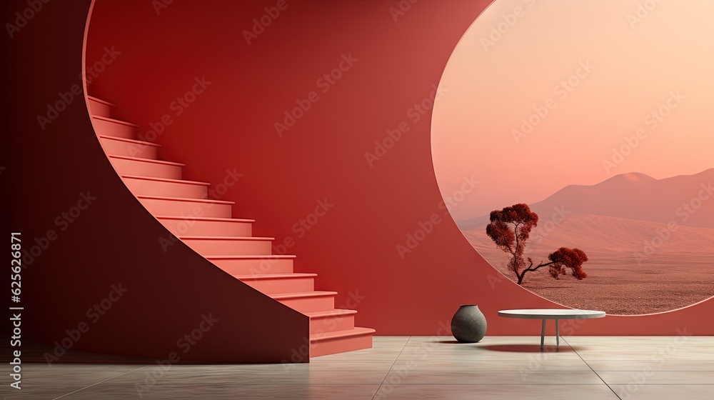Poster a room with a red wall and a round table with a vase on it. generative ai