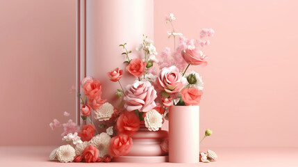 Obraz na płótnie Canvas Podium with pink roses on pastel pink background to display products, gift or cosmetics. Generative AI