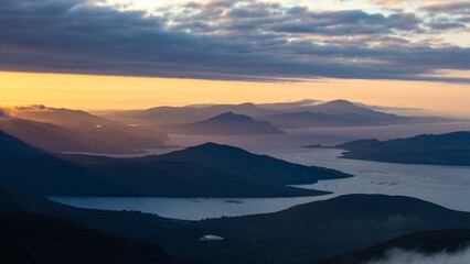 Fototapeta na wymiar Sunset over the Old Man of Storr from Beinn Na Caillich, Isle of Skye, Scotland Landscape