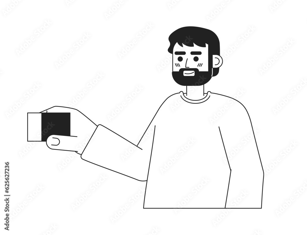 Poster happy bearded dad holding constructor cube monochromatic flat vector character. male parent in dayca