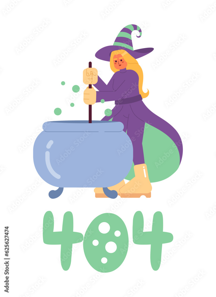 Poster happy halloween witch error 404 flash message. wicked witch cauldron. brewing potion. empty state ui