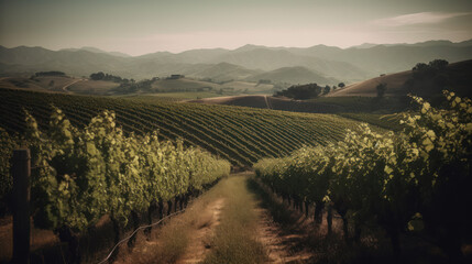 lush vineyard with rolling hills and majestic mountains in the background.