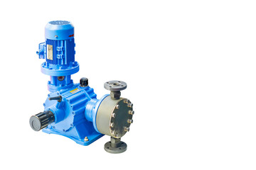 hydraulic diaphragm dosing pump assembly with electric motor and worm gear for chemical feeding or suspend liquid or etc. in industrial isolated on white with clipping path - obrazy, fototapety, plakaty