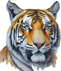 Close-up of colorful painted Tiger face in watercolor, Realistic wild animal illustration. Hand painted on paper, realistic artistic painting on white background