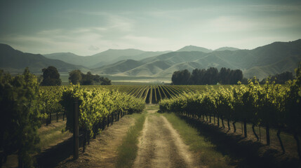 Obraz premium lush vineyard with rolling hills and majestic mountains in the background.
