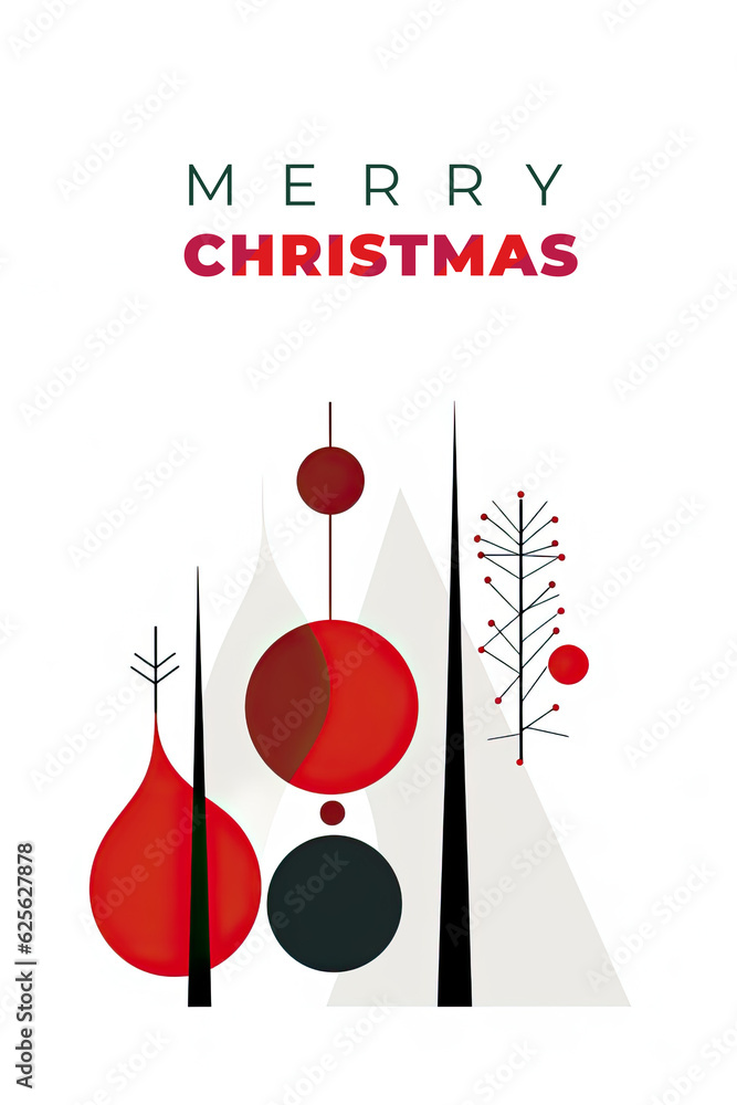 Poster a white background with a red and black design. generative ai. christmas tree with ornaments.