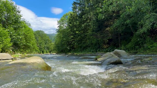 Mountain river flowing between rocky shores at summer