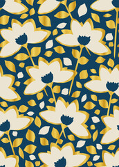 Rough vintage beige white flowers with gold on dark navy blue