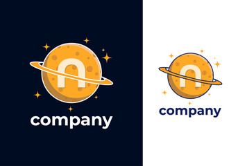 N Letter Planet Logo Design Vector Template. Orange Color Saturn Icon with Ring and Letter N Illustration