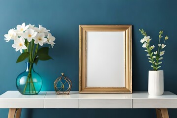 Wooden frame mockup on shelf over grey wall with flowers in vase and gold ornaments, blank vertcal frame with copy space