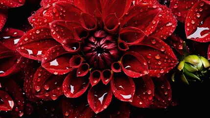 Red Dahlia flowers with water drops background. Closeup of delicate blossom with glistening droplets. Generative AI