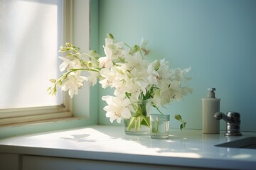 A vase filled with white flowers sitting on a counter. Generative AI. .