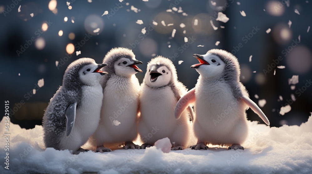 Poster a group of little penguins standing in the snow with snow falling around them. generative ai