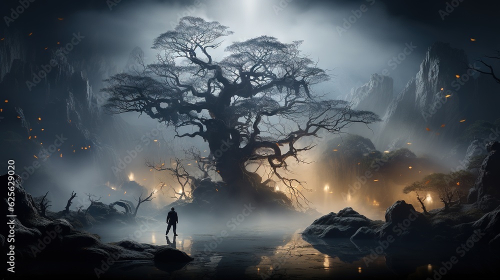Aufkleber a man standing in front of a tree in a foggy forest. generative ai