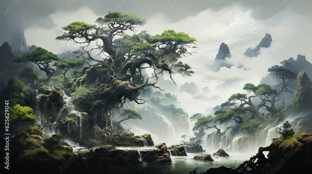 Aufkleber a painting of a waterfall with trees in the middle of it. generative ai