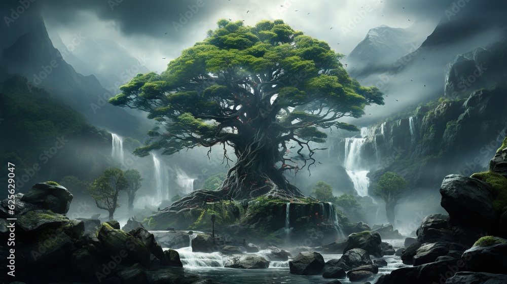 Poster a painting of a waterfall with a tree in the middle. generative ai